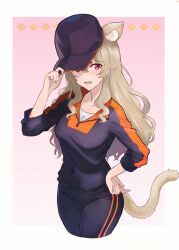 Rule 34 | 1girl, animal ear fluff, animal ears, baseball cap, black hat, black pants, black shirt, blonde hair, border, breasts, cat ears, cat girl, cat tail, chibinekopan, collarbone, commentary request, cowboy shot, cropped legs, fang, fingernails, gradient background, hair between eyes, hand on headwear, hand on own hip, hand up, hat, highres, kemonomimi mode, light blush, long hair, long sleeves, looking at viewer, medium breasts, one eye covered, orange shirt, outside border, pants, parted lips, paw print, paw print background, pink background, pink eyes, saijou claudine, shirt, shoujo kageki revue starlight, sidelocks, sleeves pushed up, smile, solo, standing, striped clothes, striped pants, tail, track pants, track suit, two-tone shirt, wavy hair, white border, white shirt, zipper pull tab