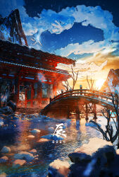 Rule 34 | 2024, absurdres, architecture, branch, bridge, cloud, commentary request, dragon, east asian architecture, eastern dragon, fantasy, highres, morning, mountain, new year, no humans, original, rei (lappy mofumofu), scenery, sky, snow, sunrise, temple, wooden bridge