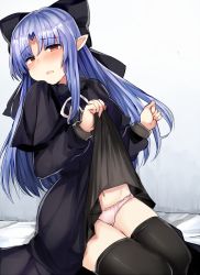 Rule 34 | 1girl, bad id, bad pixiv id, black bow, black dress, black thighhighs, blue hair, blush, bow, capelet, clothes lift, dress, dress lift, hair bow, hands up, indoors, legs together, len (tsukihime), lifted by self, long hair, looking at viewer, on bed, open mouth, panties, parted bangs, pink panties, pointy ears, red eyes, sabujiroko, sitting, skirt, skirt lift, solo, thighhighs, thighs, tsukihime, underwear, yokozuwari