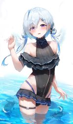 Rule 34 | 1girl, absurdres, amane kanata, amane kanata (work), bare shoulders, black one-piece swimsuit, blue hair, blush, casual one-piece swimsuit, collarbone, cowboy shot, frilled swimsuit, frills, hair ornament, hair rings, hairclip, hand up, highres, hololive, kabedoru, long hair, looking at viewer, low twintails, multicolored hair, one-piece swimsuit, parted lips, purple eyes, silver hair, simple background, smile, solo, sparkle, swimsuit, twintails, two-tone hair, virtual youtuber, wading, water, white background