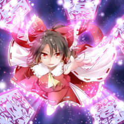 Rule 34 | 1girl, aiming, aiming at viewer, ascot, aura, bow, brown hair, detached sleeves, female focus, flying, foreshortening, hair bow, hair tubes, hakurei reimu, hiro (pqtks113), light particles, looking at viewer, motion blur, ofuda, open hand, outstretched arm, reaching, red eyes, short hair, skirt, sky, solo, star (sky), starry sky, touhou, vest, wide sleeves