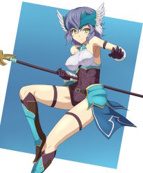Rule 34 | 1girl, absurdres, armor, belt, blue hair, blue skirt, boots, breasts, brown eyes, character request, clam curry, closed mouth, commentary request, covered navel, gloves, highres, holding, holding weapon, looking at viewer, medium breasts, seiken densetsu, seiken densetsu 3, short hair, simple background, skirt, solo, thigh strap, weapon
