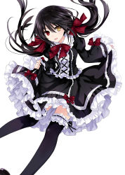 Rule 34 | 10s, 1girl, black hair, black thighhighs, clock eyes, date a live, dress, frilled dress, frilled thighhighs, frills, heterochromia, highres, lolita fashion, low twintails, red eyes, solo, symbol-shaped pupils, thighhighs, tokisaki kurumi, tsunako, twintails, yellow eyes