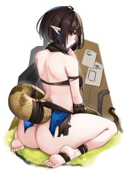 Rule 34 | 1girl, absurdres, arknights, arm strap, ass, barefoot, black hair, blue hair, blush, breasts, brown eyes, cable, cromwellb, crop top, earphones, eunectes (arknights), from behind, highres, kneeling, looking at viewer, looking back, multicolored hair, on ground, parted lips, pointy ears, profile, reptilian, revealing clothes, short hair, snake tail, solo, streaked hair, tail, thigh strap, torn clothes, two-tone hair