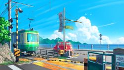 Rule 34 | bird, blue sky, car, chinese commentary, chinese text, cloud, commentary request, day, english text, fence, flying, highres, landscape, motor vehicle, mountain, nature, no humans, ocean, original, railroad crossing, railroad tracks, road, scenery, sign, sky, streetcar, sunlight, xingzhi lv