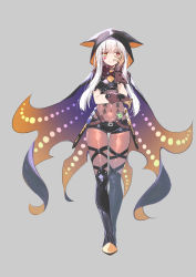 Rule 34 | 1girl, armor, belt, black shorts, boots, breasts, cape, choker, closed mouth, covered navel, cross-laced clothes, dagger, eyes visible through hair, gloves, glowing, grey background, hair between eyes, hand on own face, heart, heterochromia, highres, hika (cross-angel), hood, knee boots, knife, long hair, looking at viewer, monster hunter, monster hunter: world, monster hunter (series), multicolored clothes, namielle (armor), navel, red eyes, see-through, sheath, sheathed, short shorts, shorts, sidelocks, simple background, small breasts, smile, solo, weapon, white hair, yellow eyes