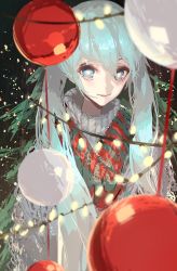 Rule 34 | 1girl, absurdres, aqua hair, blue eyes, christmas, christmas lights, christmas ornaments, christmas tree, grey sweater, hatsune miku, highres, long hair, looking at viewer, rsef, shadow, smile, solo, sweater, twintails, upper body, vocaloid