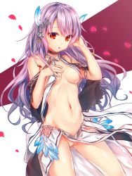 Rule 34 | 1girl, :o, age of ishtaria, bare shoulders, black choker, blush, breasts, choker, collarbone, commentary request, feather hair ornament, feathers, hair between eyes, hair ornament, hand up, highres, long hair, looking at viewer, medium breasts, natami (sukeham), navel, no panties, parted lips, pelvic curtain, petals, purple hair, pussy, red background, red eyes, revealing clothes, shana (age of ishtaria), sideboob, solo, two-tone background, very long hair, white background