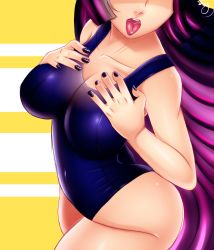 Rule 34 | 10s, 1girl, breasts, cleavage, colored inner hair, head out of frame, heart, highres, jassycoco, large breasts, long hair, multicolored hair, one-piece swimsuit, panty &amp; stocking with garterbelt, pink hair, purple hair, solo, stocking (psg), swimsuit, tongue, tongue out