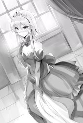 Rule 34 | 1girl, bare hips, blush, breasts, choker, cleavage, collarbone, dress, elbow gloves, gloves, greyscale, hair between eyes, highres, isekai wa smartphone to tomo ni., layered dress, long dress, monochrome, novel illustration, official art, short hair with long locks, sidelocks, small breasts, solo, striped clothes, striped dress, usatsuka eiji