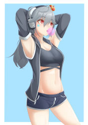 Rule 34 | 1girl, 5danny1206, absurdres, armpits, arms up, breasts, chewing gum, crown, grey hair, headphones, highres, large breasts, long hair, midriff, navel, original, red eyes, short shorts, shorts, solo, star (symbol)