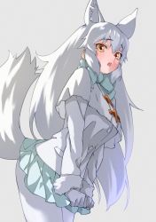Rule 34 | 1girl, :o, absurdres, animal ears, arctic fox (kemono friends), bow, bowtie, capelet, coat, commentary, cowboy shot, extra ears, fox ears, fox girl, fox tail, fur-trimmed sleeves, fur trim, grey background, hair between eyes, highres, kemono friends, long hair, long sleeves, looking at viewer, open mouth, pantyhose, pleated skirt, simple background, skirt, skirt tug, solo, tail, tanabe (fueisei), very long hair, white capelet, white coat, white pantyhose, yellow eyes