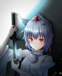 Rule 34 | 1girl, animal ear fluff, animal ears, black background, commentary request, detached sleeves, expressionless, fall (5754478), gradient background, hand on hilt, hat, high collar, highres, inubashiri momiji, light blush, light particles, looking at viewer, partial commentary, pom pom (clothes), red eyes, red hat, reverse grip, sheath, short hair, silver hair, solo, standing, sword, tokin hat, touhou, two-tone background, unsheathing, upper body, weapon, white background, wolf ears