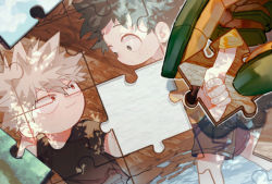 Rule 34 | 3boys, aged down, arm behind head, bakugou katsuki, black shirt, blonde hair, blue sky, blush, boku no hero academia, child, cloud, dappled sunlight, eye contact, freckles, gloves, green eyes, green gloves, green hair, hair between eyes, hand up, highres, holding, holding hands, jigsaw puzzle, karasu (milkcube), looking at another, male focus, midoriya izuku, multiple boys, orange gloves, out of frame, outline, outstretched arm, parted lips, puzzle, puzzle piece, red eyes, river, rock, shirt, short sleeves, shorts, sky, smile, spiked hair, sunlight, tree, tree shade, two-tone gloves, water, white outline, yellow shirt