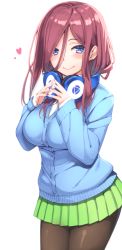Rule 34 | 1girl, black pantyhose, blue cardigan, blue eyes, blush, breasts, cardigan, closed mouth, commentary request, cowboy shot, fingers together, go-toubun no hanayome, green skirt, hair over one eye, hands up, headphones, heart, large breasts, long hair, long sleeves, looking at viewer, miniskirt, nakano miku, osa (osaosa), pantyhose, pleated skirt, purple hair, school uniform, simple background, skirt, sleeves past wrists, smile, solo, steepled fingers, white background