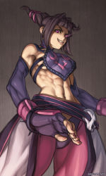Rule 34 | 1girl, abs, black hair, bracelet, breasts, capcom, detached sleeves, drill hair, dudou, elbow gloves, evil grin, evil smile, fingerless gloves, gloves, glowing, glowing eye, grin, halterneck, halterneck, han juri, highres, jewelry, medium breasts, midriff, muscular, muscular female, nail polish, purple eyes, sideboob, smile, solo, speh, spiked bracelet, spikes, street fighter, street fighter iv (series), toned, twin drills, twintails