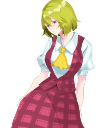 Rule 34 | 1girl, arms behind back, ascot, bad id, bad twitter id, breasts, collared shirt, commentary, cowboy shot, green hair, kazami yuuka, large breasts, looking down, looking to the side, medium hair, plaid, plaid skirt, plaid vest, puffy short sleeves, puffy sleeves, shirt, short sleeves, skirt, solo, tohoyuukarin, touhou, vest, white background, white shirt, yellow ascot