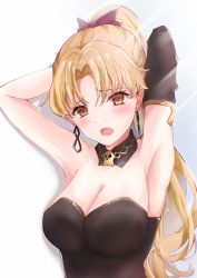 Rule 34 | 1girl, absurdres, adapted costume, alternate costume, alternate hairstyle, armpits, arms behind head, arms up, bare shoulders, black detached collar, black dress, black gloves, blonde hair, blush, breasts, cleavage, detached collar, dress, earrings, elbow gloves, embarrassed, ereshkigal (fate), eyebrows hidden by hair, eyes visible through hair, fate/grand order, fate (series), gloves, hair ribbon, head tilt, high ponytail, highres, hoop earrings, jewelry, large breasts, long hair, looking at viewer, neck, necklace, open mouth, orange eyes, parted bangs, red ribbon, ribbon, shadow, shy, single elbow glove, single glove, skull, skull necklace, solo, strapless, strapless dress, sunlight, tiara, type-moon, upper body, yuki haru