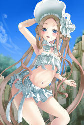 Rule 34 | 1girl, :d, abigail williams (fate), abigail williams (swimsuit foreigner) (fate), abigail williams (swimsuit foreigner) (third ascension) (fate), arm up, bikini, blue eyes, blush, bonnet, bow, braid, braided hair rings, brown hair, commentary request, day, fate/grand order, fate (series), forehead, hair bow, hair rings, hand on headwear, highres, long hair, looking at viewer, navel, open mouth, outdoors, parted bangs, sidelocks, smile, solo, strapless, strapless bikini, striped, striped bow, swimsuit, twin braids, twintails, very long hair, white bikini, white bow, white headwear, yumibakama meme