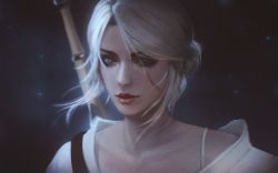 Rule 34 | 1girl, ciri, face, green eyes, highres, lips, looking at viewer, raikoart, scar, short hair, silver hair, solo, sword, the witcher (series), the witcher 3, weapon, wind