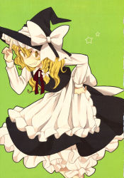 Rule 34 | 1girl, apron, bent over, blonde hair, bloomers, bow, braid, fang, green background, grin, hair bow, hair ornament, hat, hat ribbon, highres, kirisame marisa, long hair, long sleeves, looking at viewer, non-web source, ribbon, scan, scan artifacts, shirt, side braid, simple background, single braid, skirt, skirt set, smile, solo, star (symbol), touhou, underwear, vest, waist apron, witch hat, yellow eyes, yuzuhara moke