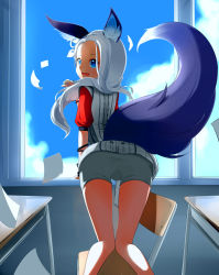 Rule 34 | 10s, 1girl, absurdres, animal ear fluff, animal ears, ass, bad id, bad pixiv id, blade &amp; soul, blue eyes, chair, classroom, day, desk, earrings, fang, fox ears, fox tail, from behind, highres, indoors, jewelry, kneeling, long hair, looking back, lyn (blade &amp; soul), school, school desk, short shorts, shorts, silver hair, sky, smile, solo, sosan, tail, window