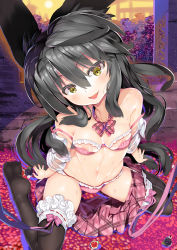 Rule 34 | 1girl, animal ears, black hair, black thighhighs, blush, bra, breasts, char, cleavage, feet, flower, food, fruit, highres, long hair, looking at viewer, navel, necro-san, no shoes, open clothes, open mouth, open shirt, original, panties, pomegranate, shirt, sitting, skirt, skirt around one leg, small breasts, solo, strap slip, sweat, thighhighs, underwear, wariza, yellow eyes