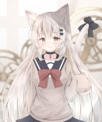 Rule 34 | 1girl, animal ear fluff, animal ears, black bow, black sailor collar, black skirt, blurry, blurry background, blush, bow, breasts, brown eyes, brown sweater, cat ears, cat girl, cat tail, closed mouth, commentary request, depth of field, grey hair, hair between eyes, highres, long hair, long sleeves, original, pleated skirt, risu (ritharte), sailor collar, school uniform, serafuku, shirt, skirt, sleeves past fingers, sleeves past wrists, small breasts, smile, solo, sweater, tail, tail bow, tail ornament, very long hair, white shirt