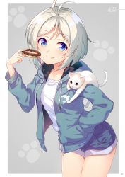 Rule 34 | .live, 1girl, absurdres, ahoge, animal, antenna hair, blue eyes, cat, dated, doughnut, food, grey background, highres, holding, looking at viewer, nijihashi sora, page number, paw print, paw print background, short hair, simple background, dennou shoujo siro, smile, virtual youtuber, white hair