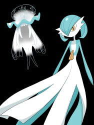 Rule 34 | 1girl, alternate color, arms at sides, black background, blue hair, blue skin, bob cut, colored skin, creatures (company), female focus, flat chest, floating, full body, game freak, gardevoir, gen 3 pokemon, gen 7 pokemon, hair over one eye, highres, multicolored skin, nihilego, nintendo, no mouth, one eye covered, orange eyes, pokemon, pokemon (creature), rve, shiny pokemon, short hair, simple background, standing, tentacles, transparent, two-tone skin, ultra beast, white skin