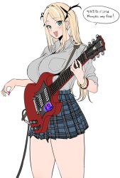 Rule 34 | 1girl, amano don, aqua eyes, blonde hair, blue skirt, blush, breasts, collared shirt, commentary, cowboy shot, dress shirt, electric guitar, fang, grey shirt, guitar, hair intakes, holding, holding guitar, holding instrument, holding plectrum, instrument, jewelry, large breasts, long hair, looking at viewer, miniskirt, multicolored hair, nail polish, open mouth, original, parted bangs, plaid, plaid skirt, pleated skirt, plectrum, ring, shirt, shirt tucked in, sidelocks, simple background, skin fang, skirt, smile, solo, speech bubble, standing, streaked hair, translated, twintails, two-tone hair, white background, white hair, white nails, wing collar, wristband