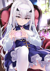 Rule 34 | 1girl, blue dress, breasts, brown eyes, chair, dress, melusine (fate), melusine (second ascension) (fate), fate/grand order, fate (series), forked eyebrows, glass bottle, grin, heart, heart hands, highres, hitsujibane shinobu, light rays, long hair, long sleeves, looking at viewer, panties, sidelocks, sitting, small breasts, smile, solo, thighhighs, thighs, underwear, white hair, white panties, white thighhighs