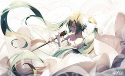 Rule 34 | 1girl, dress, closed eyes, floating hair, green hair, hatsune miku, long hair, microphone, microphone stand, music, open mouth, qys3, singing, solo, twintails, very long hair, vocaloid, white dress