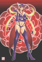 Rule 34 | 1girl, blonde hair, boots, breasts, cleavage, doronjo, elbow gloves, gloves, green eyes, high heels, kosame daizu, long hair, lowleg, mask, purple footwear, purple thighhighs, quad tails, shoes, solo, tatsunoko production, thigh boots, thighhighs, time bokan (series), very long hair, yatterman