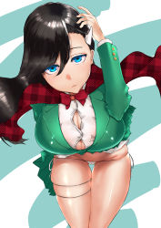 Rule 34 | 1girl, absurdres, black hair, blue eyes, breasts, burn the witch, cape, capelet, cleavage, hair between eyes, highres, horn ornament, horns, large breasts, long hair, looking at viewer, niihashi noel, solo, thick thighs, thigh gap, thighs, thong