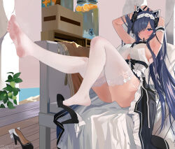 Rule 34 | 1girl, absurdres, apron, armpits, ass, august von parseval (azur lane), august von parseval (the conquered unhulde) (azur lane), azur lane, black footwear, black horns, clothing cutout, curled horns, dress, feet, full body, garter straps, hair over one eye, high heels, highres, horns, indoors, lace, lace-trimmed legwear, lace trim, long hair, looking at viewer, maid headdress, mechanical horns, mouth hold, official alternate costume, one eye covered, purple eyes, purple hair, ribbon, ribbon in mouth, shoe dangle, shoes, sitting, sleeveless, sleeveless dress, solo, thighhighs, two-tone dress, underboob cutout, very long hair, white apron, white dress, white garter straps, white thighhighs, wooden floor, xian yu chi