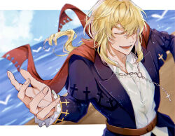 Rule 34 | 1boy, beach, belt, blonde hair, blue jacket, brown belt, cape, chain, chain necklace, closed eyes, collared shirt, colored eyelashes, cross, cross necklace, frilled sleeves, frills, idolfried ehrenberg, jacket, jewelry, long hair, maerchen (sound horizon), male focus, necklace, ponytail, red cape, shirt, sidelocks, solo, sound horizon, white shirt, yohane (yohane007)