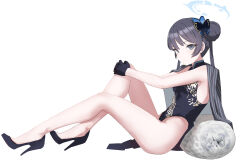 Rule 34 | 1girl, bakaking, bare legs, black dress, black footwear, black gloves, black hair, blue archive, breasts, butterfly hair ornament, china dress, chinese clothes, double bun, dragon print, dress, full body, gloves, grey eyes, grey jacket, hair bun, hair ornament, halo, highres, jacket, kisaki (blue archive), legs, looking at viewer, print dress, shoes, simple background, small breasts, solo, striped clothes, striped jacket, thighs, twintails, vertical-striped clothes, vertical-striped jacket, white background