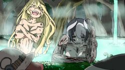 Rule 34 | 2girls, :d, ahoge, bathing, black eyes, black hair, blonde hair, commentary request, covering privates, covering breasts, deep wound, closed eyes, grass, hair between eyes, hat, unworn hat, unworn headwear, injury, jitome, laughing, long hair, lyza (made in abyss), made in abyss, mi (pic52pic), multicolored hair, multiple girls, navel, nude, onsen, open mouth, outdoors, ozen, partially submerged, scar, smile, standing, tree, two-tone hair, very long hair, water, waterfall, white hair