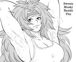 Rule 34 | 1girl, absurdres, armpit focus, armpits, bb (baalbuddy), breasts, cleavage, closed mouth, english text, greyscale, headband, highres, large breasts, long hair, monochrome, presenting armpit, queen&#039;s blade, risty (queen&#039;s blade), simple background, solo, sweat, upper body, white background
