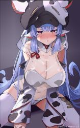 Rule 34 | 1girl, animal ears, animal print, bare shoulders, blue hair, blush, breasts, catura (granblue fantasy), cleavage, cow ears, cow print, detached sleeves, earrings, granblue fantasy, hat, jewelry, long hair, navel, parted lips, see-through, shorts, simao (x x36131422), sitting, solo, thighhighs, very long hair, white thighhighs, yellow eyes
