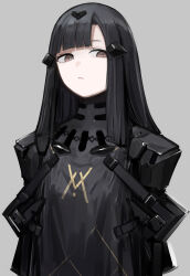 Rule 34 | 1girl, absurdres, black dress, black hair, breasts, brown eyes, closed mouth, dress, girls&#039; frontline, grey background, hair ornament, highres, long hair, looking down, nyto (girls&#039; frontline), paradeus, rampart1028, simple background, small breasts, solo, upper body