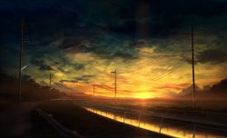Rule 34 | chain-link fence, cloud, fence, gradient background, lamppost, mks, no humans, original, outdoors, power lines, scenery, sky, sunset, transmission tower