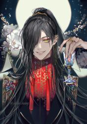 Rule 34 | 1boy, black hair, black jacket, chalice, cup, flower, full moon, glint, grin, hair over one eye, high ponytail, highres, holding, holding cup, jacket, jewelry, koshika rina, long hair, long sleeves, looking at viewer, male focus, moon, multiple rings, one eye covered, open clothes, open jacket, open mouth, original, red shirt, ring, shirt, sidelocks, slit pupils, smile, solo, straight-on, tassel, teeth, upper body, very long hair, watermark, white flower, yellow eyes