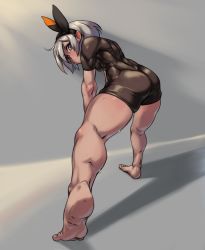 Rule 34 | 1girl, ass, barefoot, bea (pokemon), black bodysuit, black hairband, blue eyes, blush, bodysuit, breasts, creatures (company), dark-skinned female, dark skin, flat ass, game freak, gym leader, hairband, highres, kelvin hiu, kneepits, leaning forward, legs, legs apart, looking at viewer, nintendo, plantar flexion, pokemon, pokemon swsh, short hair, silver hair, skin tight, small breasts, soles, solo, standing, stretching, sweat, thick thighs, thighs, toes, toned, turtleneck