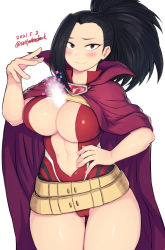 Rule 34 | 1girl, belt, black eyes, black hair, blush, boku no hero academia, breasts, cameltoe, cape, cleavage, cleft of venus, closed mouth, cowboy shot, dated, grey background, groin, hand on own hip, hand up, large breasts, leotard, long hair, magic, navel, pink cape, ponytail, red leotard, saltydanshark, signature, simple background, smile, solo, superhero costume, thighs, yaoyorozu momo