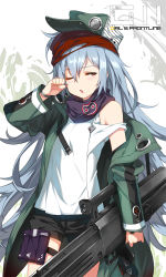 Rule 34 | 1girl, ammunition pouch, assault rifle, bags under eyes, black pants, blue hair, blush stickers, bracelet, brown eyes, bullpup, caseless firearm, character name, cowboy shot, eyes visible through hair, g11 (girls&#039; frontline), girls&#039; frontline, gun, h&amp;k g11, hair between eyes, half-closed eyes, hat, head tilt, highres, holding, holding gun, holding weapon, holster, horizontal magazine, jacket, jewelry, knee pads, long hair, long sleeves, looking at viewer, magazine (weapon), off shoulder, one eye closed, open clothes, open jacket, open mouth, pants, personification, pouch, prototype design, ress, rifle, scarf, shirt, shorts, sleepy, solo, standing, strap, thigh holster, thighs, very long hair, weapon, white shirt