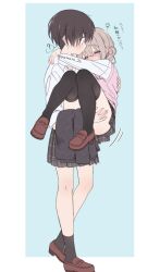 Rule 34 | 2girls, ?, arms around neck, artist name, black hair, black skirt, black socks, black thighhighs, blonde hair, brown footwear, carrying, closed eyes, commentary request, hair bun, highres, loafers, looking at another, multiple girls, original, plaid, plaid skirt, princess carry, rinlaby, school uniform, shirt, shoes, short hair, skirt, socks, thighhighs, thighs, tomboy, translation request, white shirt, yuri