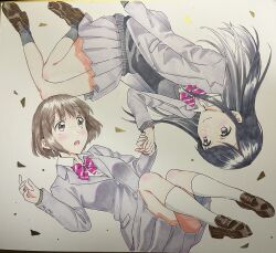 2girls :o black_hair brown_hair fragtime highres holding_hands long_hair looking_at_another moritani_misuzu multiple_girls murakami_haruka pen_(medium) photo_(medium) sato_(99yen_kin&#039;itsu) school_uniform short_hair smile traditional_media upside-down