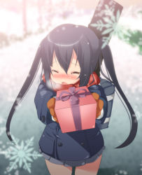 Rule 34 | 1girl, bad id, bad pixiv id, black hair, blush, breath, closed eyes, coat, cold, gift, gloves, guitar case, holding, holding gift, instrument case, k-on!, nakano azusa, scarf, skirt, solo, striped clothes, striped scarf, twintails, yanagi yuu